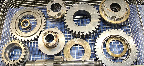 some mechanical parts of a winch completely disassembled before ultrasonic cleaning with a SONICA 45L EP S3 manufactured by SOLTEC Srl Milano Italy